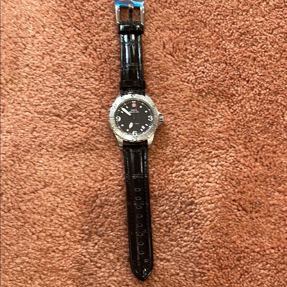 Black Leather Strap Silver Watch Swiss made